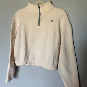Timberland Cropped Sweatshirt Cream Green Quarter Zip in Women's Medium M